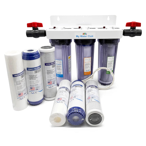 Whole House 3-Stage Water Filtration System With Three Quarter Inch Port, Dual Valves, And Extra One Year Filter Supply, filters shown