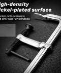 Beefy 12 Inch Heavy Duty Bar Clamps Set Four Pack Drop Forged Steel F Clamps with Nickel-plated surface on wet background.