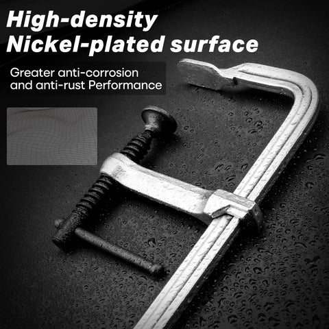 Beefy 12 Inch Heavy Duty Bar Clamps Set Four Pack Drop Forged Steel F Clamps with Nickel-plated surface on wet background.