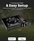 Compact 10,000 BTU dual fuel camp stove for butane and propane with dimensions in outdoor setting