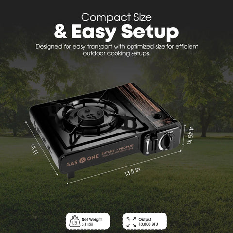 Compact 10,000 BTU dual fuel camp stove for butane and propane with dimensions in outdoor setting