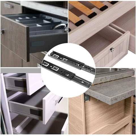 Four Pairs Of 8 Inch Beefy Heavy Duty Metal Ball Bearing Side Mount Drawer Slides Quiet Black Glide with Rubber Brake displayed in cabinets