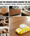Let Go Of Dust And Grime With These Multi Purpose Wood Cleaning Wipes That Pack A Light Lemon Punch And Make Your Furniture Shine Without Any Extra Hustle. Image of multi-purpose wood cleaning wipes on a polished wood surface.