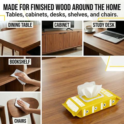 Let Go Of Dust And Grime With These Multi Purpose Wood Cleaning Wipes That Pack A Light Lemon Punch And Make Your Furniture Shine Without Any Extra Hustle. Image of multi-purpose wood cleaning wipes on a polished wood surface.