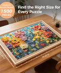 Dope Rotating Puzzle Board With Four Drawers And Cover 1500 Piece Portable Wooden Jigsaw Puzzle Table 25 By 34 Inch For Adults Lazy Susan Spinning Puzzle Tray Great Gift For Mom featuring a floral jigsaw puzzle on a dining table.