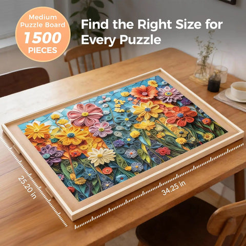 Dope Rotating Puzzle Board With Four Drawers And Cover 1500 Piece Portable Wooden Jigsaw Puzzle Table 25 By 34 Inch For Adults Lazy Susan Spinning Puzzle Tray Great Gift For Mom featuring a floral jigsaw puzzle on a dining table.