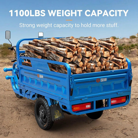Electric Cargo Tricycle With A 1000W Beast Motor, 60V 45Ah Battery, Huge Capacity, Range 60 To 70Km, Can Haul 1100 Lbs, Eco Friendly Urban Hauler, Tough Steel Frame, Quick And Easy Assembly For Real World Cargo, blue steel tricycle loaded with firewood
