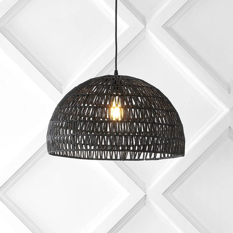 20 Inch Black Modern Bohemian Woven Rope LED Pendant Light Fixture With Adjustable Dome Ceiling Lamp For Kitchen Island Rope Shade Dope Coastal Farmhouse Decor