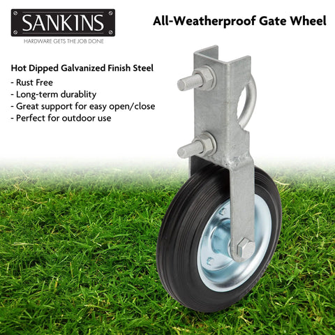 All-weatherproof gate wheel with galvanized steel and rubber tire, part of Gate Helper Wheel Set For Swing Gates Up To One And Five Eighths Inches To Two Inches Frame, Six Inch Gate Support Wheel Keeps Your Gate From Dragging On Chain Link Fences, Heavy Duty, Rust Resistant, 2 Pack.