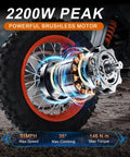 Teens Electric Dirt Bike 2000W Peak Power Off Road Monster with detailed view of 2200W motor and orange tire, powerful brushless motor