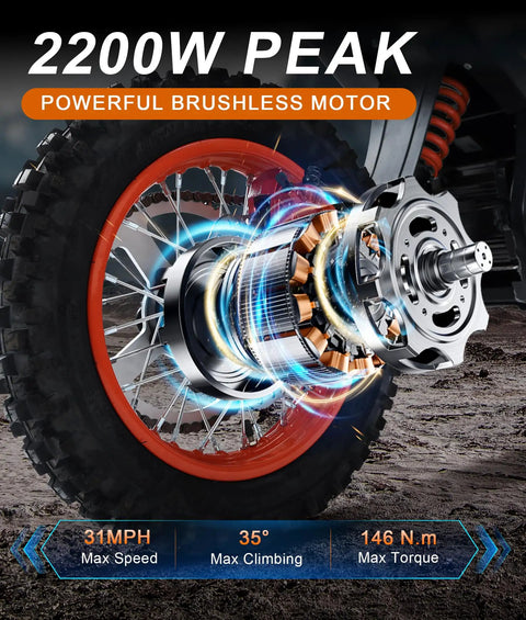 Teens Electric Dirt Bike 2000W Peak Power Off Road Monster with detailed view of 2200W motor and orange tire, powerful brushless motor