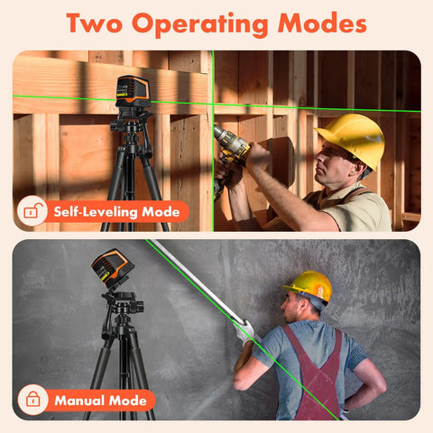 Rechargeable Self Leveling Laser Level With Green Cross Lines in use for construction, showing self-leveling and manual modes