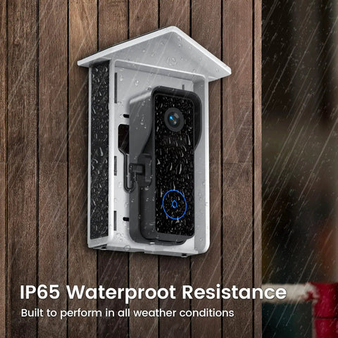 Solar Charger For Video Doorbell Keeps Your Wireless Doorbell Running All Day In Sunlight, 5V 2.1W Micro USB Power Port, Waterproof Outdoor Accessory For 2nd Gen 2020 Video Doorbells And Non Wired Models shown on wall in rain