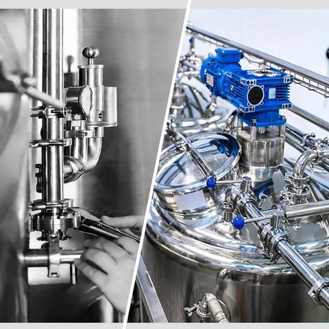 Sanitary 1.5-inch tri-clamp adjustable pressure-relief valve with diaphragm gauge, SS304, on a stainless process vessel.