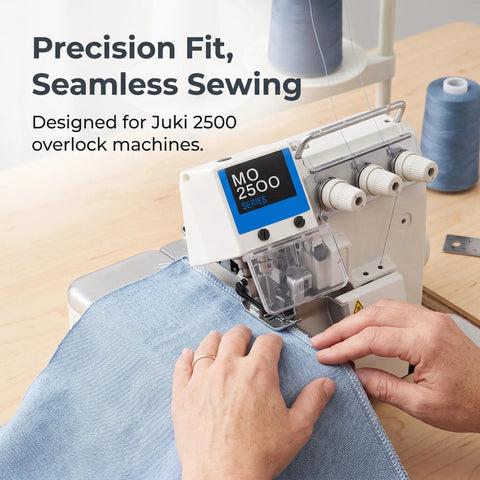 Industrial Eye Protection Guard With Clear Shield For Button Attaching Machines And Overlock Sewing shown with denim fabric