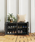 Two Tier Storage Bench Cabinet For Shoes Waterproof UV Resistant Outdoor Shoe Organizer With Two Doors And Adjustable Shelves