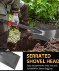 Man using Garden Shovel Flat Spade Edge Trenching Spade With Fiberglass Handle 43 Inch 1050 Manganese Steel Blade Zigzag Tip