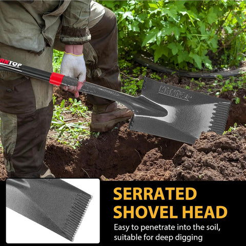 Man using Garden Shovel Flat Spade Edge Trenching Spade With Fiberglass Handle 43 Inch 1050 Manganese Steel Blade Zigzag Tip