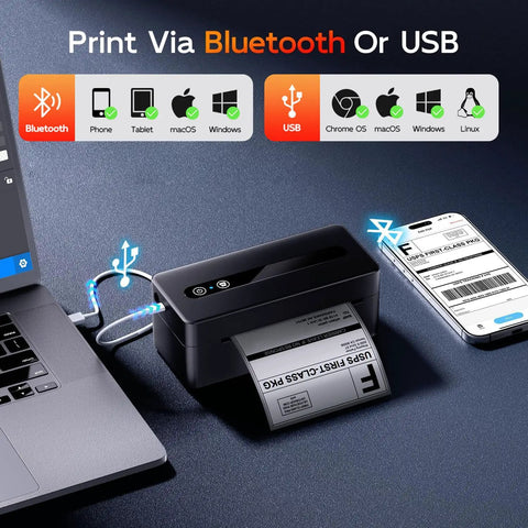 No Fuss Compact Wireless Thermal Label Printer For Quick Shipping And Packing 4X6 Sticker Generator with Bluetooth and USB setup.
