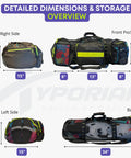Premium Scuba Mesh Gear Bag for Big Gear dimensions overview with 100L capacity, fast dry mesh, and reinforced bottom features.