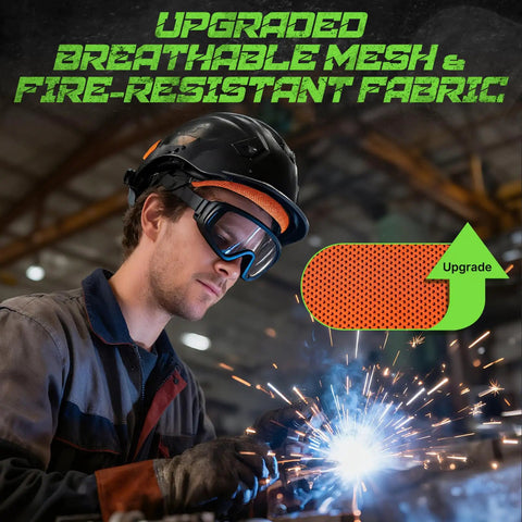 Welder wearing Hard Hat Sweatband And Top Pad Set, Washable Three Layer Fabric Sweat Liner Replacement With Helmet Padding