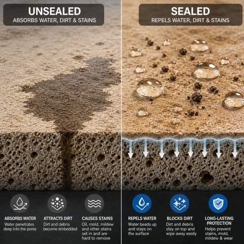 Comparison of concrete surfaces with and without Wet Look Stone Sealer For Pavers And Surfaces Indoor Outdoor Slick Gloss Finish.