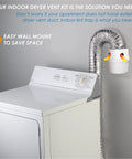 Indoor dryer vent kit with lint trap bucket and 4 foot aluminum foil duct attached to clothes dryer in laundry room.