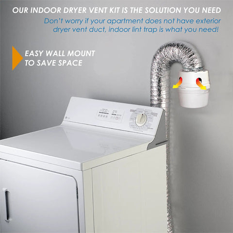 Indoor dryer vent kit with lint trap bucket and 4 foot aluminum foil duct attached to clothes dryer in laundry room.