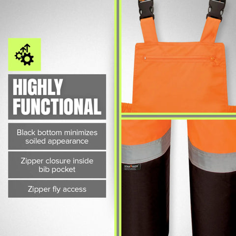 Hi Viz Ripstop Waterproof Bib Pants For Men With Reflective Safety Strips, Rain Gear Overalls, High Visibility Orange details