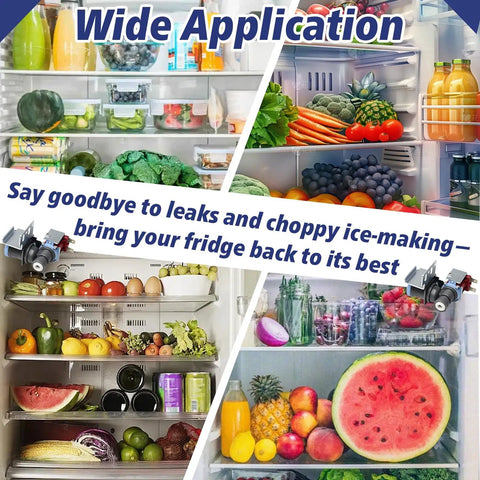 Refrigerator Ice Maker Water Inlet Valve Replacement For Whirlpool Maytag Kenmore displayed with fridge full of fresh produce.