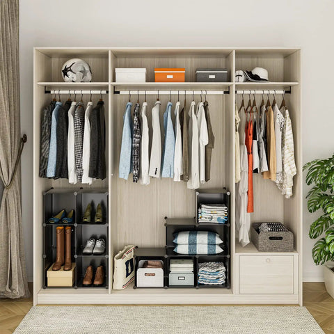 Interior view of 20 Cube Closet Organizer Storage System for Bedroom and Wardrobe, Dope Portable Clothes Shelving Unit with Large Capacity, Durable Shelves for Shoes, Bags, Clothes, Toys, and More, Black, showcasing organized clothes and accessories.