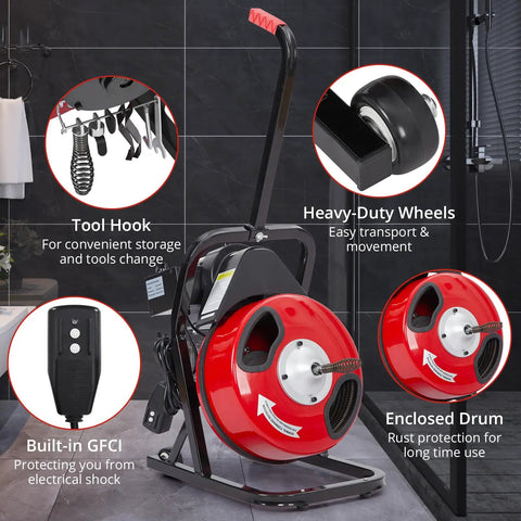 Heavy Duty Electric Drain Cleaning Machine Paired With A Badass Sewer Snake Auger, showcasing tool hook, heavy-duty wheels, and enclosed drum.