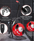 Beast Mode Auto Feed Drain Cleaner Machine With Durable Steel Sewer Snake Auger Featuring High Torque Motor For Gnarly Sink Clogs. Tool hook and heavy-duty wheels.