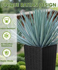 Resin Tall Planters For Outdoor Plants Set Of 2 Large Tapered Flower Pots With 4 Drainage Holes No Fuss Modern Outdoor Decor For Porch Patio Backyard Home Garden Black 24 Inch with scratch-resistant rattan texture.
