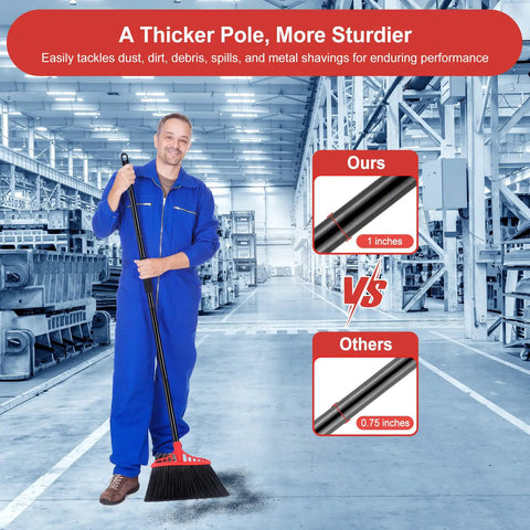 Man holding Beefy Heavy Duty Angle Broom With 55 Inch Adjustable Iron Handle And Stiff Bristles For Indoor Outdoor Cleaning In Garage