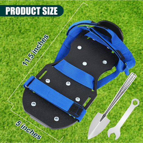Lawn Aerator Shoes With Spikes, Classic Durable PP Sole Footwear, Includes Stainless Steel Shovel And Wrench, 11.5 Inch Long By 5 Inch Wide, Black Blue