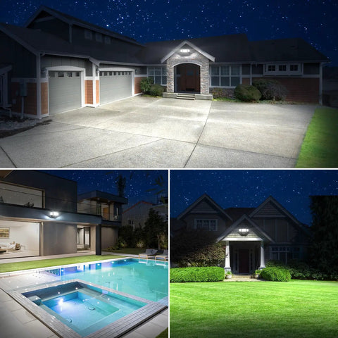 Heavy Duty 100W LED Flood Lights Outdoor Serving Nasty 11000 Lumens With Three Swiveling Heads Switch Activated IP65 Sealed Weatherproof Daylight Optics For Yard Garage Patio And Roof Eaves
