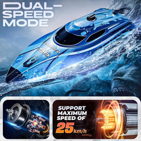 12 Inch Remote Control Boat For Lakes And Pools, Fast 25 KPH RC Speed Boat For Kids And Adults, Waterproof Toy, Blue Design