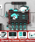 Heavy Duty 3 Layer Power Tool Organizer Wall Mount With Charging Station And 6 Outlet Power Strip Adjustable Metal Storage Rack Drill Holders Hooks And Drill Bit Rack For Garage And Workshop Red