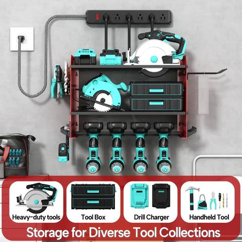 Heavy Duty 3 Layer Power Tool Organizer Wall Mount With Charging Station And 6 Outlet Power Strip Adjustable Metal Storage Rack Drill Holders Hooks And Drill Bit Rack For Garage And Workshop Red