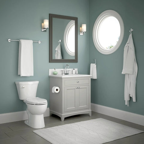 Bathroom with polished chrome towel hooks, Single Towel Hook For Bathroom Or Kitchen In Polished Chrome Durable Zinc Construction That Holds Towels Like A Boss Resists Tarnish Corrosion And Discoloration Easy Wall Mount By Trinsic Accessories, showing modern decor with vanity and round window.