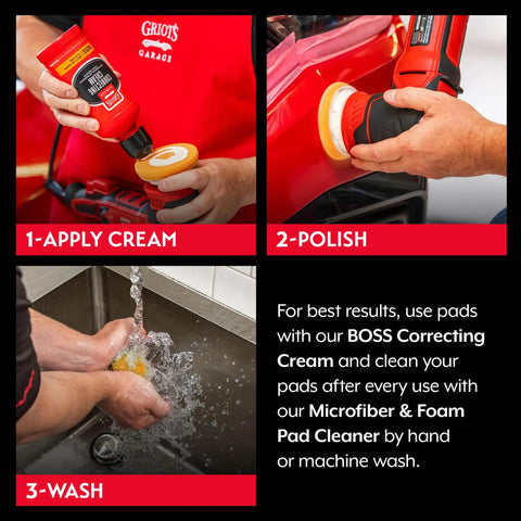 Step-by-step use of Orange Foam Correcting Pads for car polishing, showing application, polishing, and washing process.