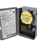24 Hour Mechanical Timer Switch For 120V Systems DPST Indoor Metal Enclosure open showcasing dial and wiring instructions