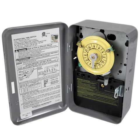 24 Hour Mechanical Timer Switch For 120V Systems DPST Indoor Metal Enclosure open showcasing dial and wiring instructions