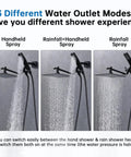 All Metal 8 Inch Dual Square Shower Head With Handheld Combo Built To Last Rain Shower Head With Adjustable Extension Arm 3 Way Diverter 71 Inch Hose Oil Rubbed Bronze Finish Stainless Steel Brass Construction showing three water modes: handheld spray, rainfall spray, and combined rainfall and handheld spray.
