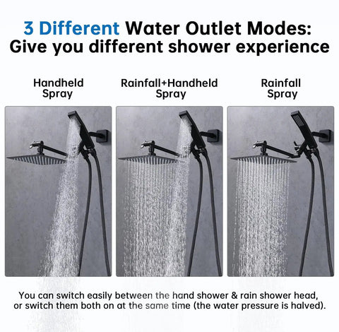 All Metal 8 Inch Dual Square Shower Head With Handheld Combo Built To Last Rain Shower Head With Adjustable Extension Arm 3 Way Diverter 71 Inch Hose Oil Rubbed Bronze Finish Stainless Steel Brass Construction showing three water modes: handheld spray, rainfall spray, and combined rainfall and handheld spray.