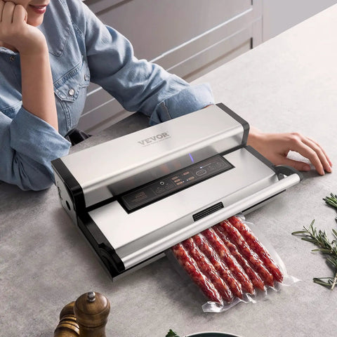Beast Mode Dual Pump Vacuum Sealer With Dual Sealing Strips And 95KPa 350W Power sealing sausages on a kitchen counter