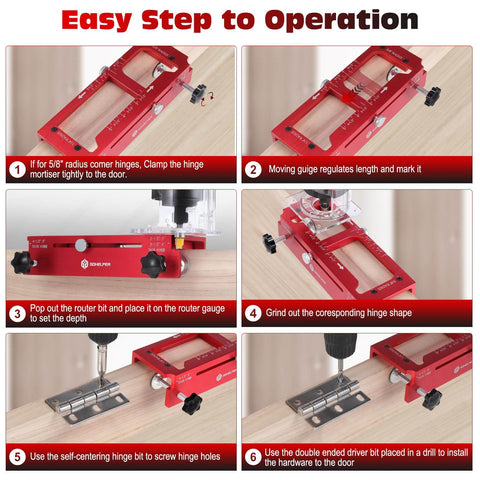 Step-by-step guide for using Pro Grade Aluminum Alloy Door Hinge Template Kit For Router Adjustable Mortise Jig Fits Hinges From 2.5 To 5 Inches One Quarter Inch Radius Five Eighths Inch Radius Square Corner Includes Door Lock Kit.