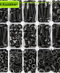 Close-up of All In One 1160Pcs M3 M4 M5 M6 Nuts And Bolts Kit with lock washers, zinc plated hex button head screws in organizer