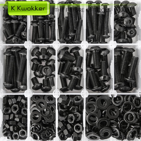 Close-up of All In One 1160Pcs M3 M4 M5 M6 Nuts And Bolts Kit with lock washers, zinc plated hex button head screws in organizer
